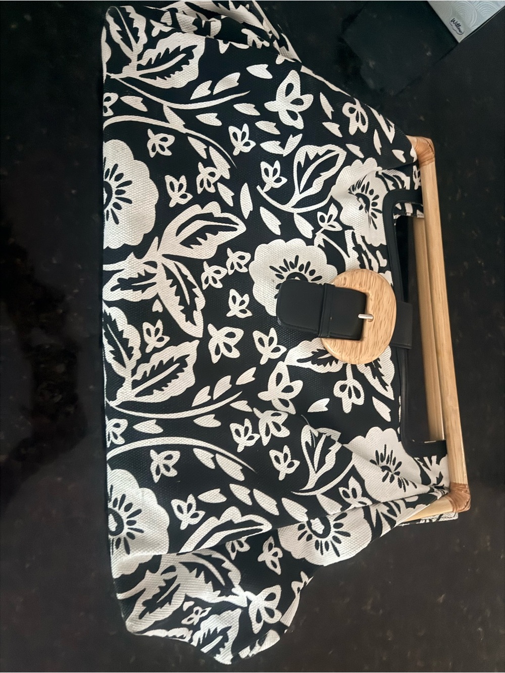 Black & White Floral Benetton Tote Bag with Wooden Handles